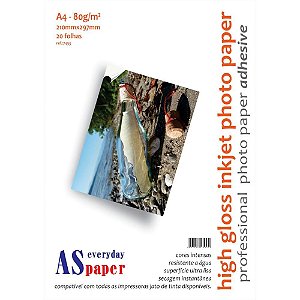 Papel Fotográfico INKJET A4 GLOSSY Adesivo 80G Pacote com 20 Folhas 1