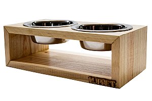 Comedouro Duplo De Madeira Personalizado Com Potes Inox Para Gatos E Cachorros (LP9510)