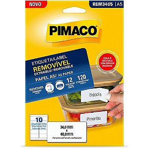 Etiqueta A5 Removível 65X34MM com 12 Folhas X 10 Etiquetas Caixa com 120