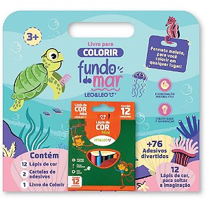 Livro Infantil Colorir Fundo do MAR com 12 Lápis de COR e 76 Adesivos