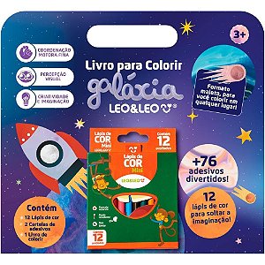 Livro Infantil Colorir Galáxia com 12 Lápis de COR e 76 Adesivos
