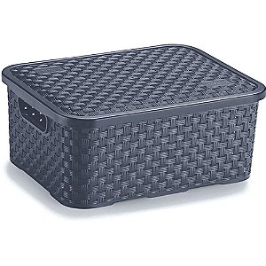 Caixa Plástica Multiuso Rattan com Tampa Chumbo Pequena 4 Litros