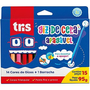 Giz de Cera Curto Apagável 2 Pontas 12+2 Cores TRIS TOY