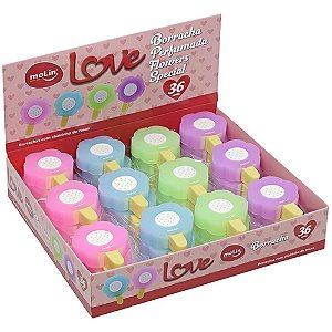 Borracha Decorada Love Flowers Perfumada 4 Cores Display com 36 Unidades