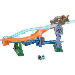 Hot Wheels Racerverse Pista Jurassic WORLD com Dinossauro e Resgate da Blue