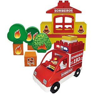 Brinquedo para Montar Brincando de Bombeiros com Blocos e Acessórios