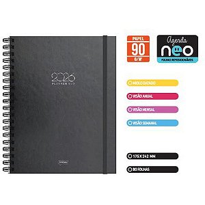 Planner 2026 Neo Office Preto Capa Dura Espiral 80 Folhas 175X242MM