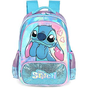 Mochila Infantil STITCH Azul G com Cetim e Pelúcia