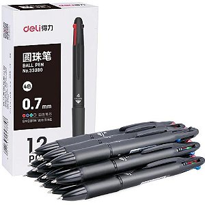Caneta Esferográfica Deli 4 Cores com GRIP 0,7MM Preta Caixa com 12