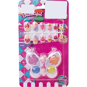 Kit Infantil Make + UNHAS com Paleta de Maquiagem e UNHAS Postiças Coloridas
