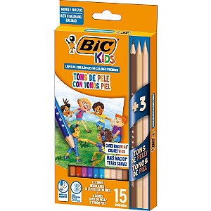 Lápis de COR Sextavado BIC KIDS 12 Cores + 3 TONS de Pele Pacote com 6