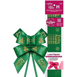 Laço Pronto Decorado 22MM X 44CM Cetim Feliz Natal Verde (pacote com 5)