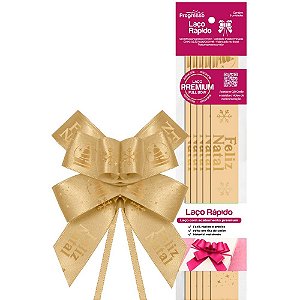 Laço Pronto Decorado 22MM X 44CM Cetim Feliz Natal Ouro (pacote com 5)