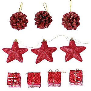 Artigo para Decoração de Natal Enfeite Glitter Vermelho 5CM Sortido Pacote com 10