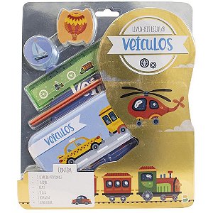 Kit Escolar Veículos Livro + 5 Peças