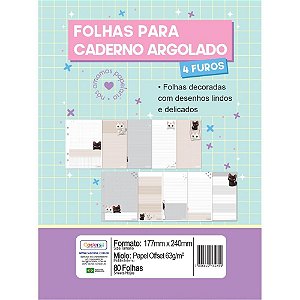 Refil para Caderno Argolado Cute CAT 80 Folhas 63G – 10 Layouts Decorados