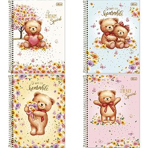 Caderno 1X1 Capa Dura Love Bears 80 Folhas Pacote com 4 Unidades