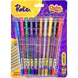 Caneta GEL Roke Quba Glitter 1.0MM (blister com 10 Unidades - Cores Sortidas)