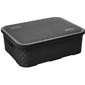 Caixa Plástica Multiuso Rattan com Tampa Baixa PT 4,5L