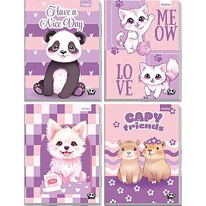 Caderno Brochura 1/4 Capa Dura Kawaii 96 Folhas Pacote com 04