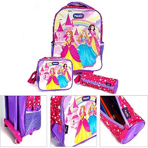 Mochila Infantil com Rodinha Princesas G Estojo+lancheira KIT (7908312123208)