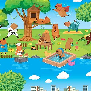 Papel Presente Bobina Couchê 60CM. MOD.113 Mundo Capivaras BO-100MTS