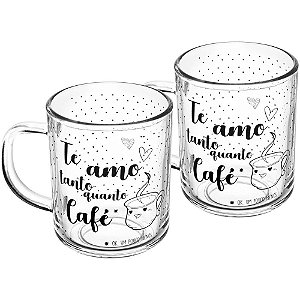 Caneca de Vidro TE AMO Tanto Quanto Cafe 220ML KIT com 02