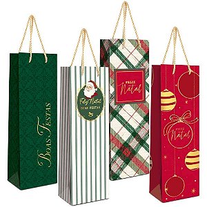 Embalagem para Garrafa Sacola Premium Desejos Natal (sortido) Pacote com 10 Unidades