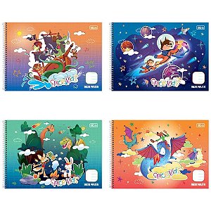 Caderno Desenho Universitário Capa Dura Spice KIDS Meia Pauta 40F MASC Pacote com 04