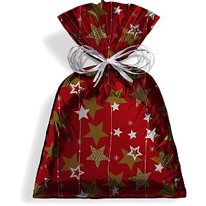 Saco Metalizado de Natal 25X35CM STARS Vermelho Pacote com 50