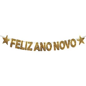 Faixa Decorativa Feliz ANO Novo Glitter Ouro