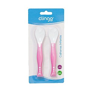 Colher Articulável Rosa Clingo Kit com 2 Unidades - Anatômica, Macia e Sensor de Temperatura