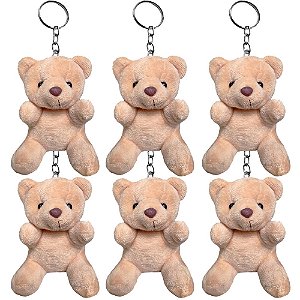 Kit 6 Chaveiros Ursinho de Pelúcia Plush Marrom Macio e Fofo com Corrente Metálica