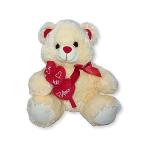 Urso de Pelúcia com 3 Corações Eu Te Amo Fizzy Toys Creme 30cm Sentado Presente Romântico