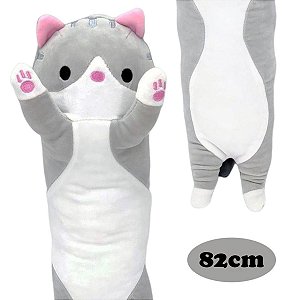 Bicho de Pelúcia Almofada Gatinho Cinza Fofy Toys 82cm Macio e Fofo