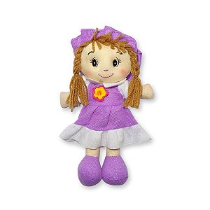 Boneca de Pelúcia de Pano Sofia Fofy Toys 24cm Lilás com Chapéu e Rosto Bordado