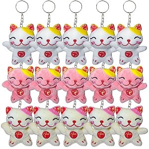 Kit 15 Gatos de Pelúcia da Sorte – Chaveiros Fofos em 3 Cores com Selo INMETRO de Segurança!