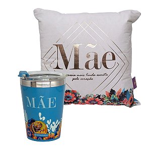 Kit Mãe Presente - Copo Térmico com Tampa 300ml + Almofada Estampa Floral Zona Criativa