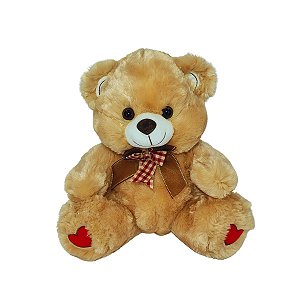 Pelúcia Charmosa com Detalhes Românticos – Urso Cappuccino com Laço Xadrez 33cm