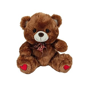 Pelúcia Charmosa com Detalhes Românticos – Urso Cappuccino com Laço Xadrez 33cm