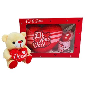 Presente de Amor com Almofada, Caneca 300ml Estampada e Pelúcia Coração Amor