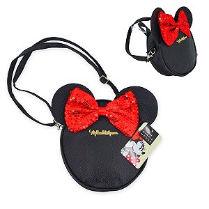 Bolsa Minnie Mouse Redonda com Laço de Paetês, Orelhas e Alça Transversal