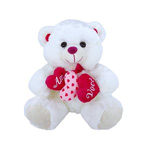 Urso de Pelúcia com Frase Amo Você – 33cm, 3 Corações, Macio e Perfeito para Presentear