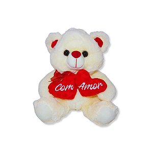 Urso de Pelúcia Com Amor 25cm com Dois Corações Vermelhos – Presente para Namorados e Datas Especiais