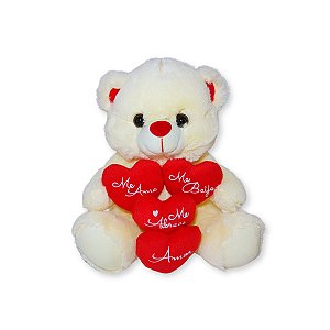 Urso de Pelúcia com 4 Corações e Frases de Amor – Macio e Fofo para Presente – 25cm