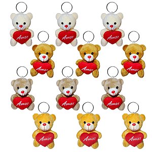 Chaveiro de Pelúcia Amor – Kit com 12 Ursinhos Pequenos para Presentes e Brindes