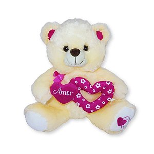 Urso de Pelúcia Creme com Corações Amor 32cm Presente Romântico Dia dos Namorados