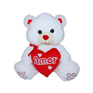 Urso de Pelúcia Branco com Coração Vermelho Amor 32cm Presente Romântico Fizzy Toys