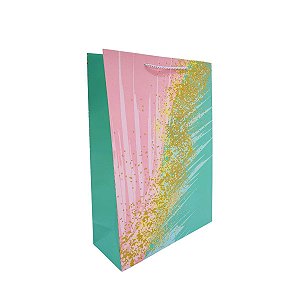 Sacola de Presente 42x30x12cm Rosa e Verde com Alça de Cordão e Estampa Dourada