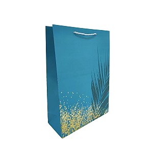 Sacola Presente Papel Cartão Verde Escuro com Folhas Douradas e Alça Cordão 42x30x12cm